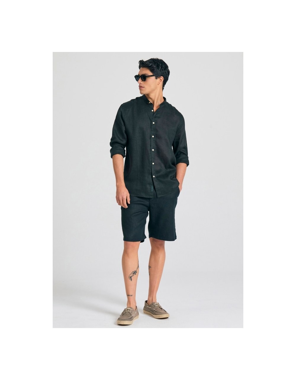 Mao neck garment dyed linen shirt